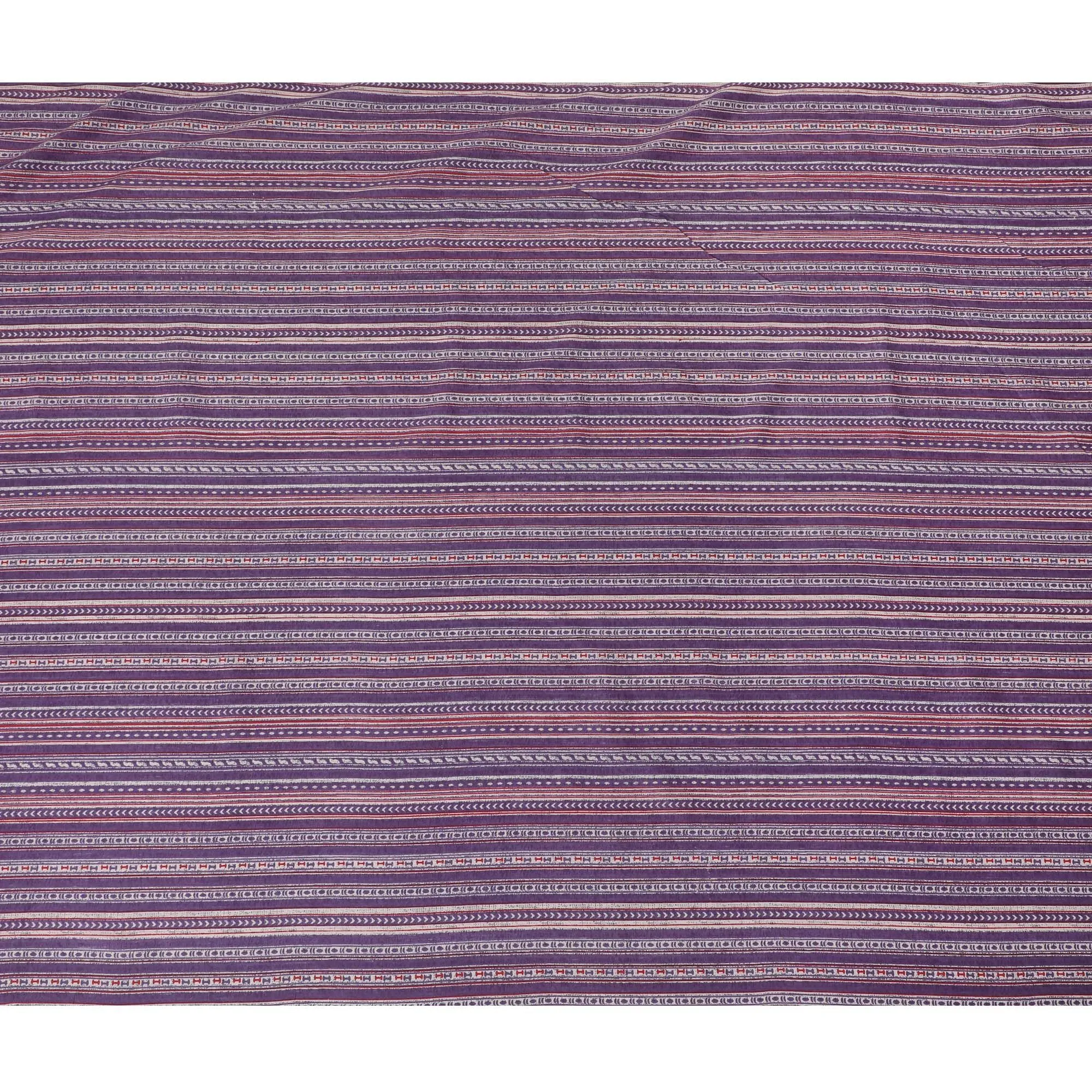 Bohemian Rhapsody Printed Cotton Lawn Fabric - Vibrant Purple Stripes & Tribal Motifs, 110cm Width-D18758