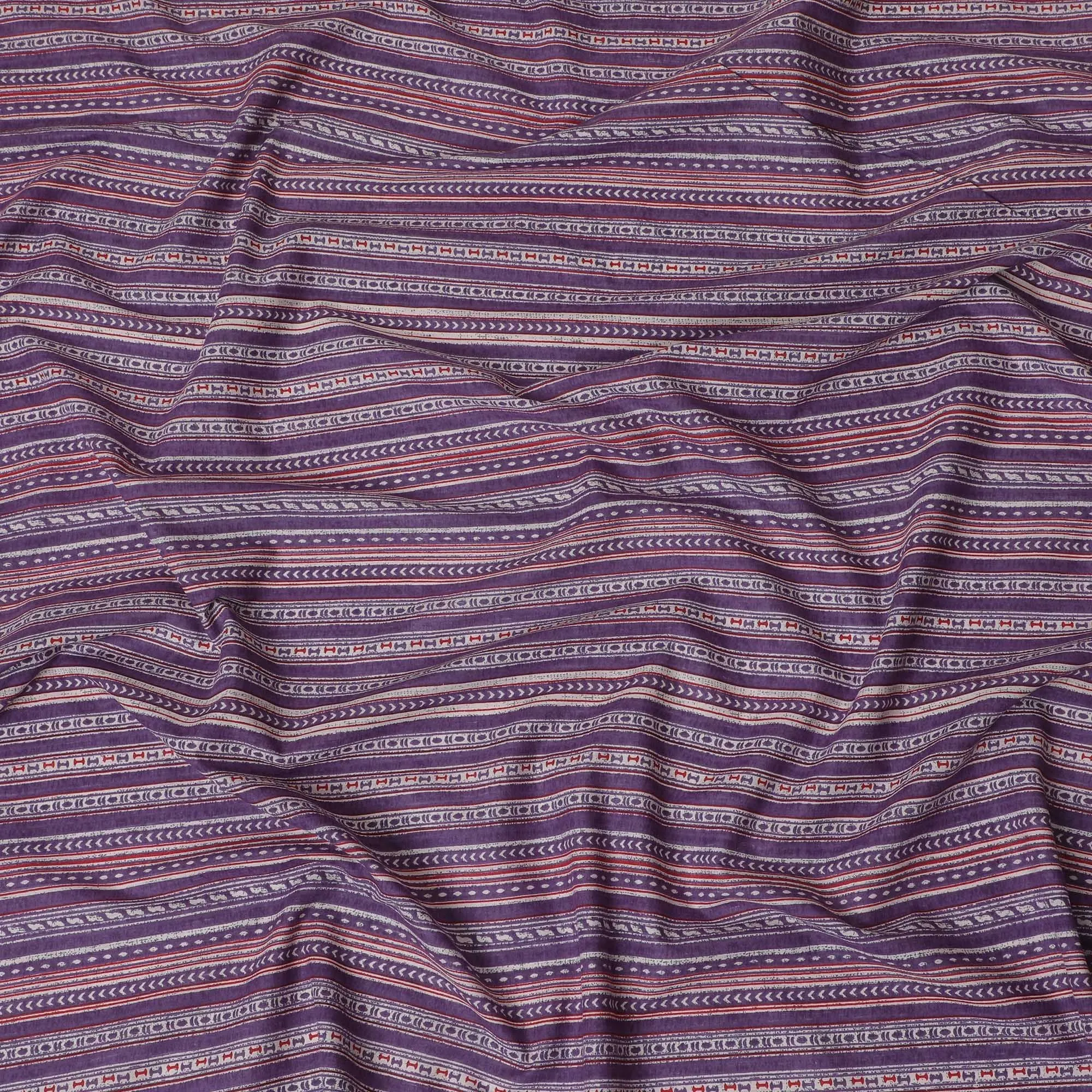 Bohemian Rhapsody Printed Cotton Lawn Fabric - Vibrant Purple Stripes & Tribal Motifs, 110cm Width-D18758