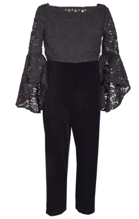 Bonnie Jean 3/4 Sleeve Foiled Lace Top and Stretch Velvet Jumpsuit Set