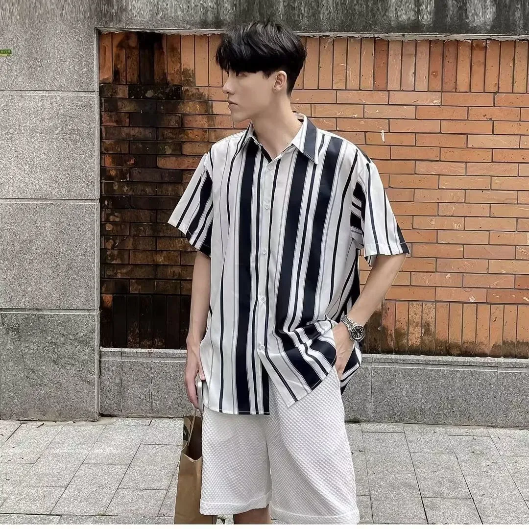 Bonsir 90s fashion men Prohibited Ice Silk Draping Striped Short Sleeve Shirt Men's Ins Hong Kong Style Summer Half Sleeve Casual Shirt Fashion