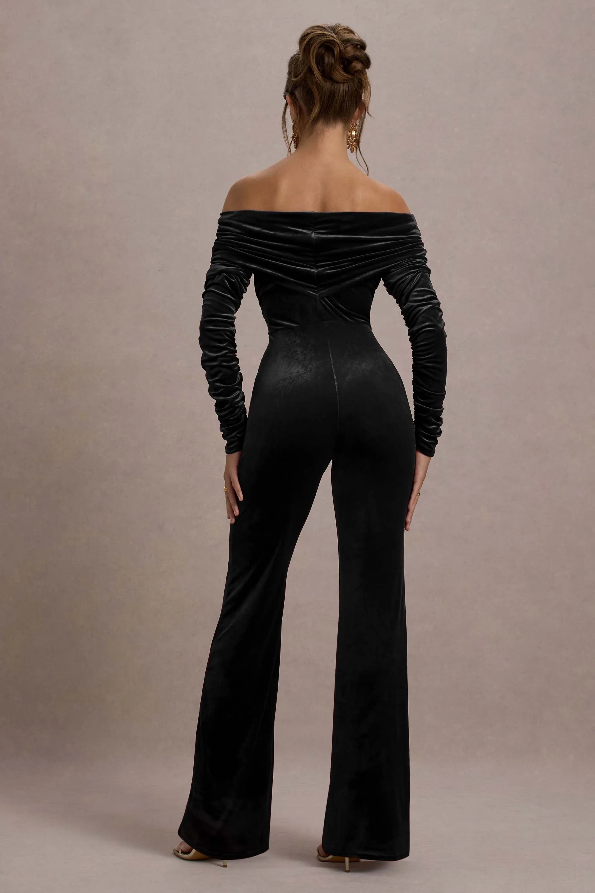 Borealis | Black Velvet Long-Sleeved Bardot Jumpsuit