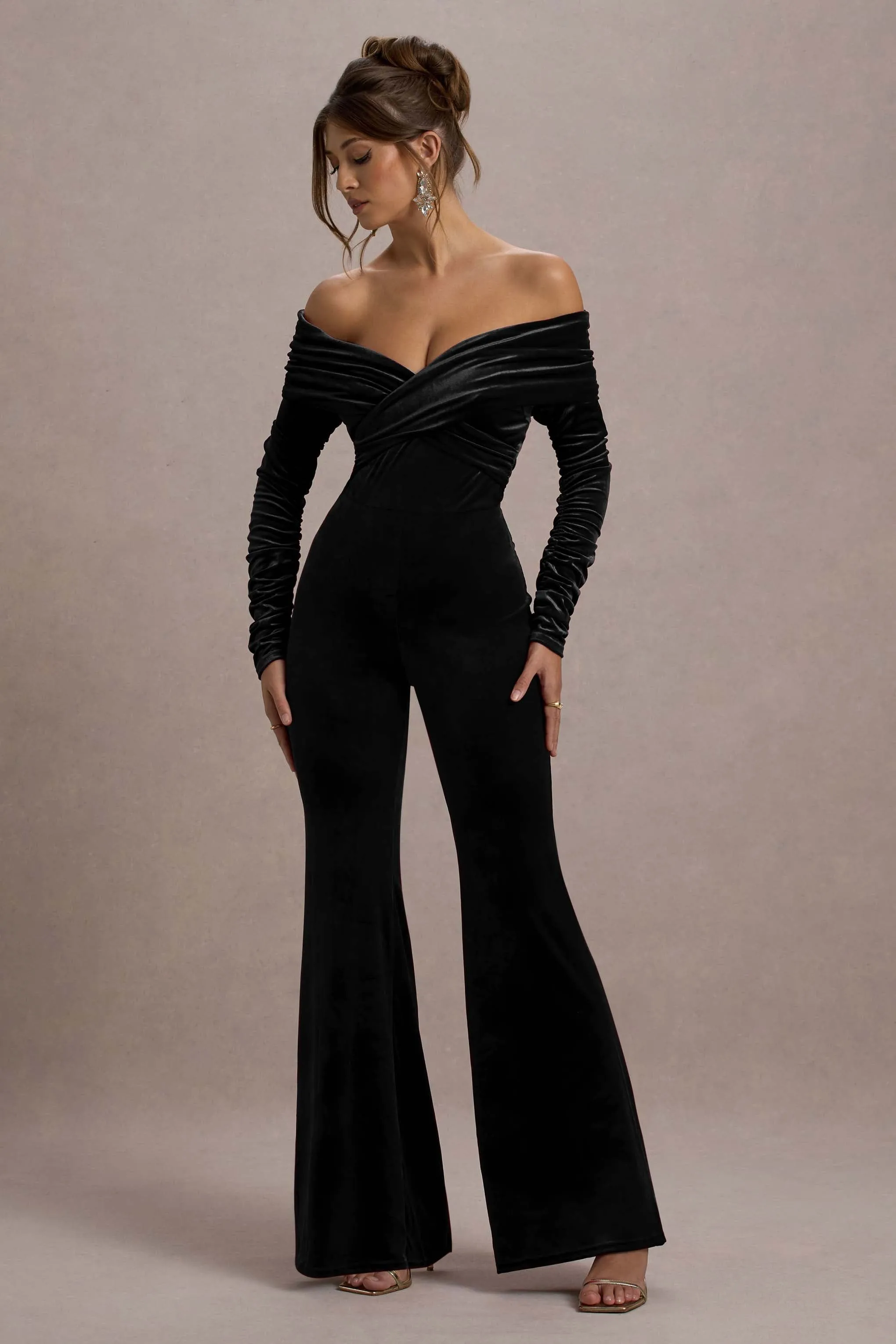 Borealis | Black Velvet Long-Sleeved Bardot Jumpsuit