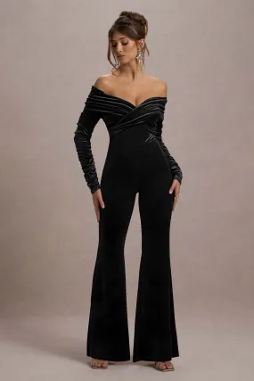 Borealis | Black Velvet Long-Sleeved Bardot Jumpsuit