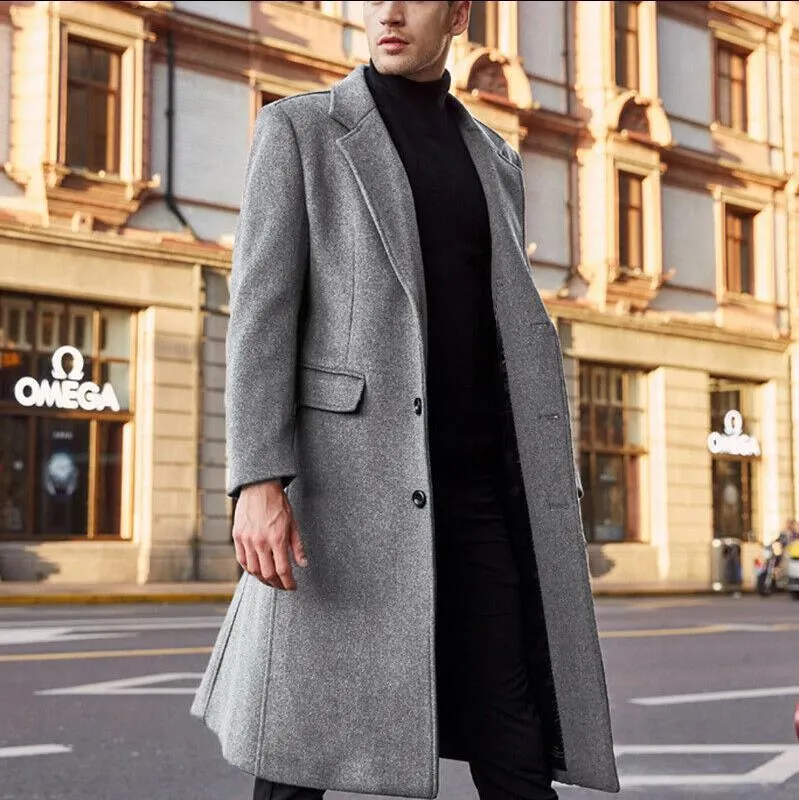 British men's long wool trench coat