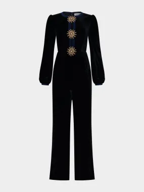 Camille Bows Jumpsuit in Black Gold Embroidery