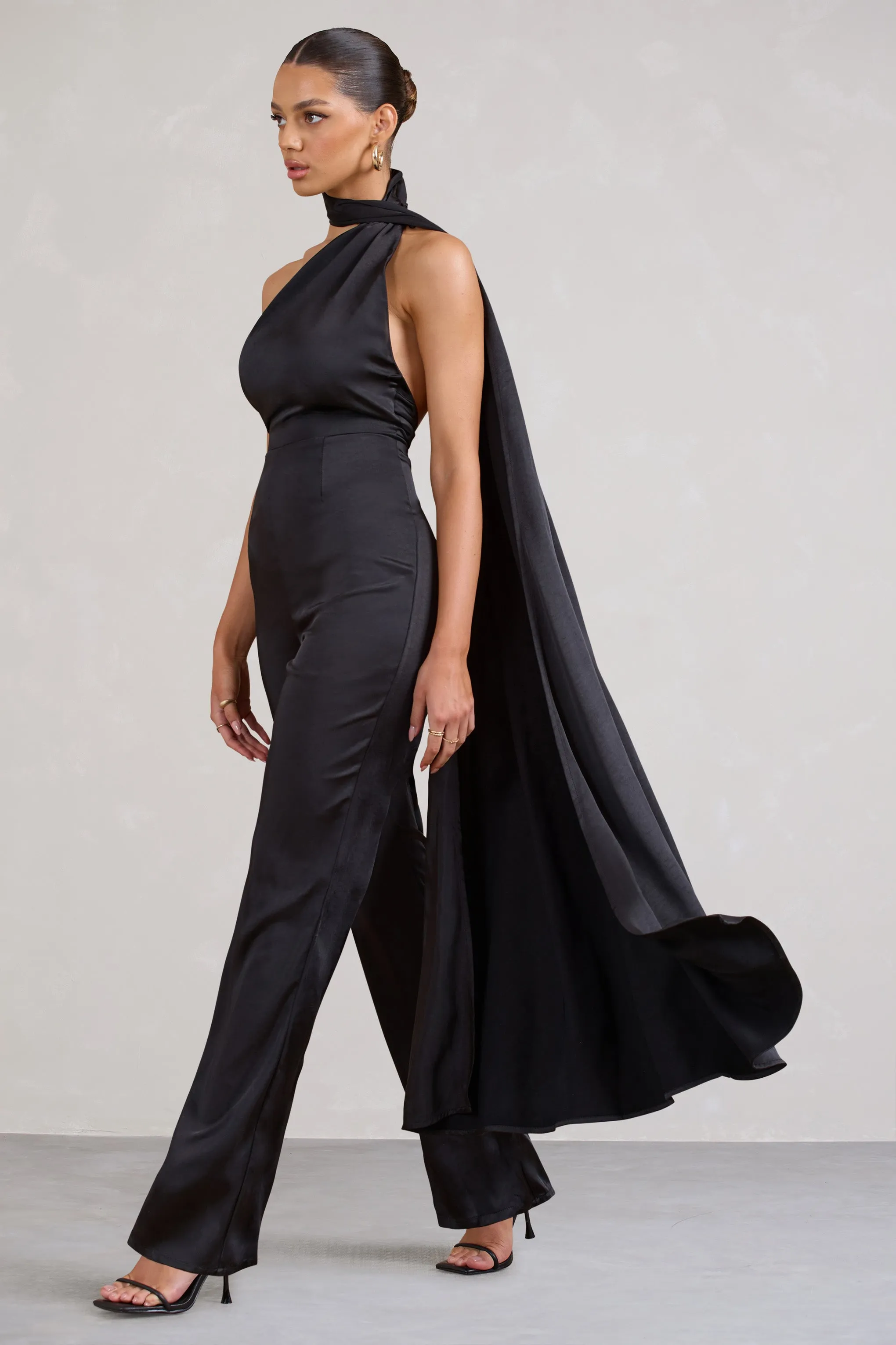 Cascada | Black Satin Wide Leg Jumpsuit With Statement Scarf Neck