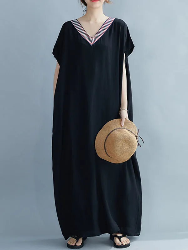 Casual Artistic Retro Striped V-Neck Short Sleeves Maxi Dress