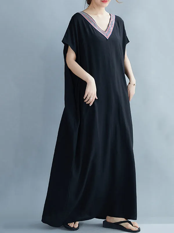 Casual Artistic Retro Striped V-Neck Short Sleeves Maxi Dress