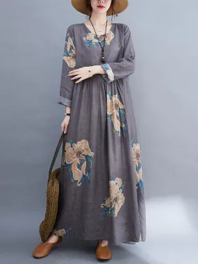 Casual Loose Pleated Flower Printed Round-Neck Long Sleeves Maxi Dress