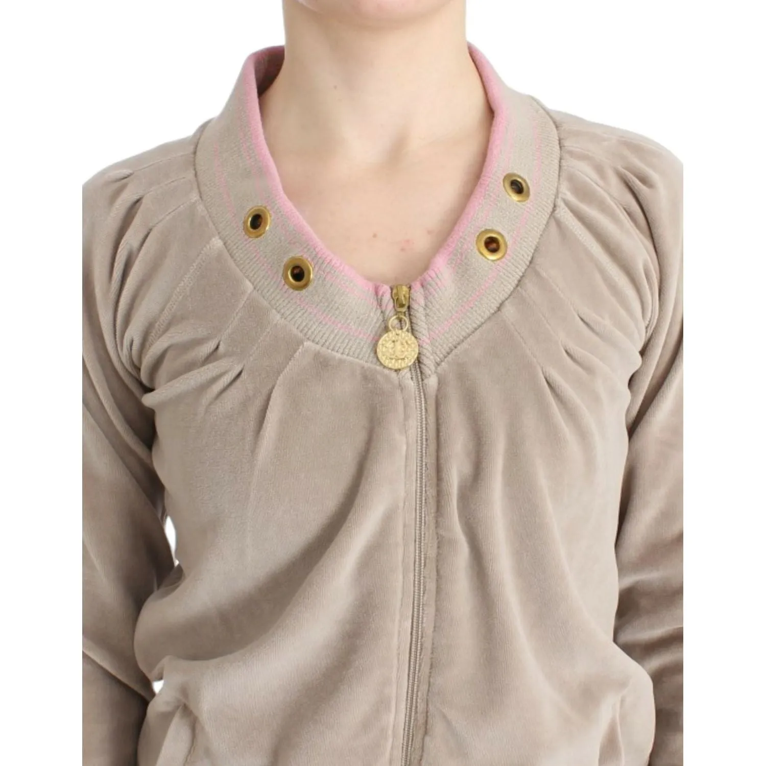 Cavalli Beige Zip Cardigan with Gold Tone Accents