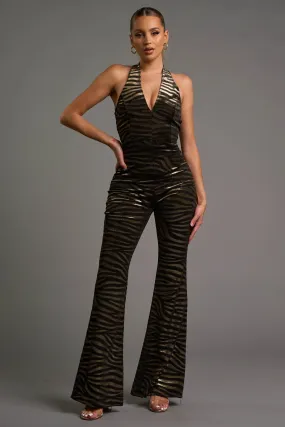 CHIC METALLIC VELVET HALTER NECK WIDE LEGS JUMPSUIT