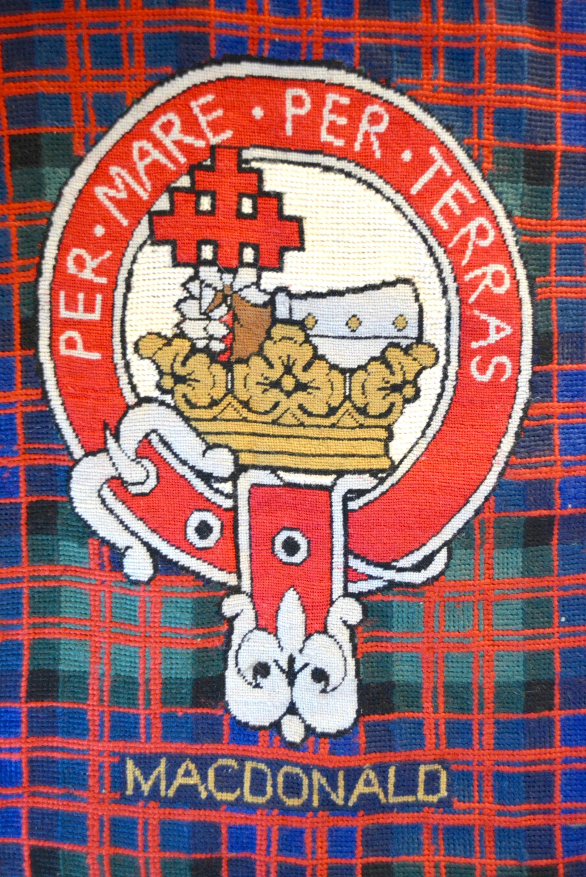 Clan Macdonald Scottish Tartan Plaid Coat of Arms & Motto Wool Needlepoint Pillow Cover