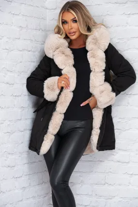 Cocoa Kisses Black Faux Fur Trim Parka Coat