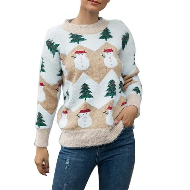 DressBetty - Women Knitted Pullover Tops Autumn Winter Female Christmas Snowman Printed Jacquard Knit Sweaters Jerseys