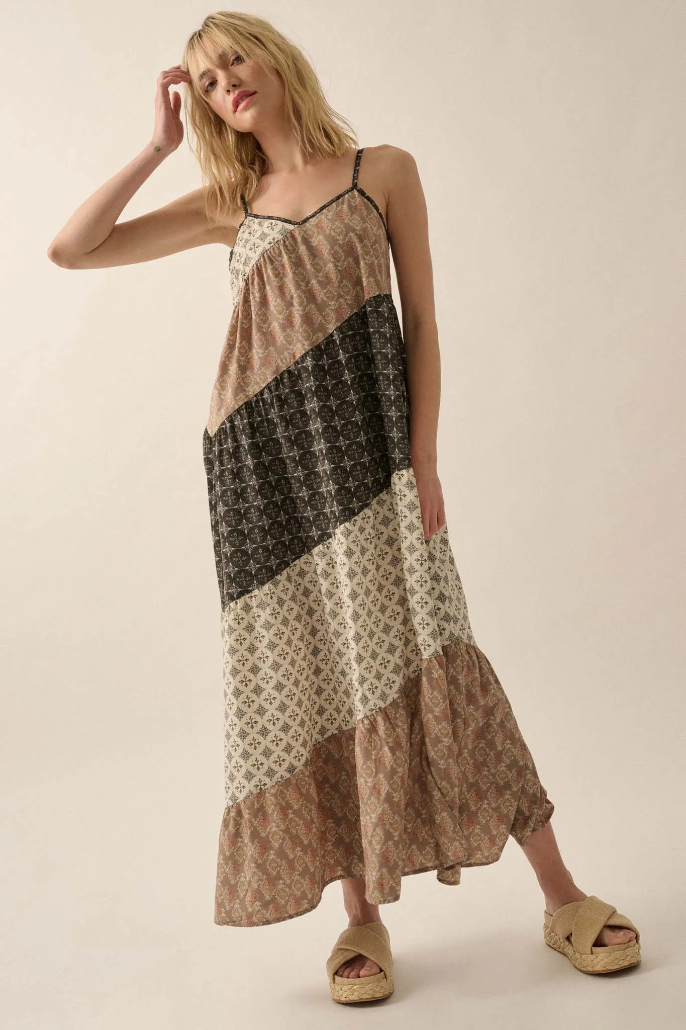 Eclectic Spirit Block-Print Tiered Maxi Dress