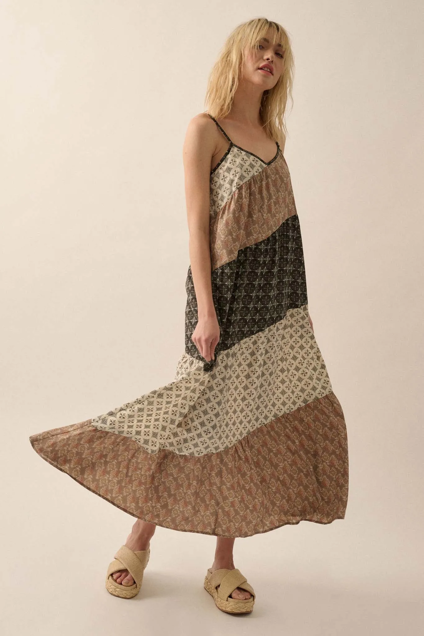 Eclectic Spirit Block-Print Tiered Maxi Dress