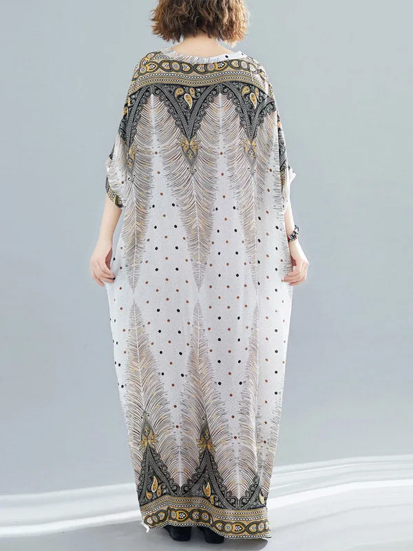 Ethnic Printed Plus Size V-Neck Batwing Sleeve Maxi Dress