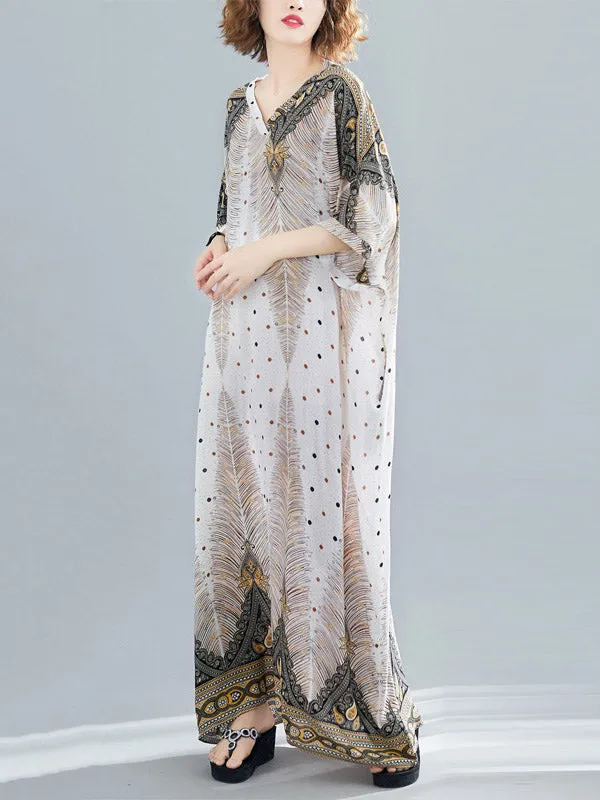 Ethnic Printed Plus Size V-Neck Batwing Sleeve Maxi Dress