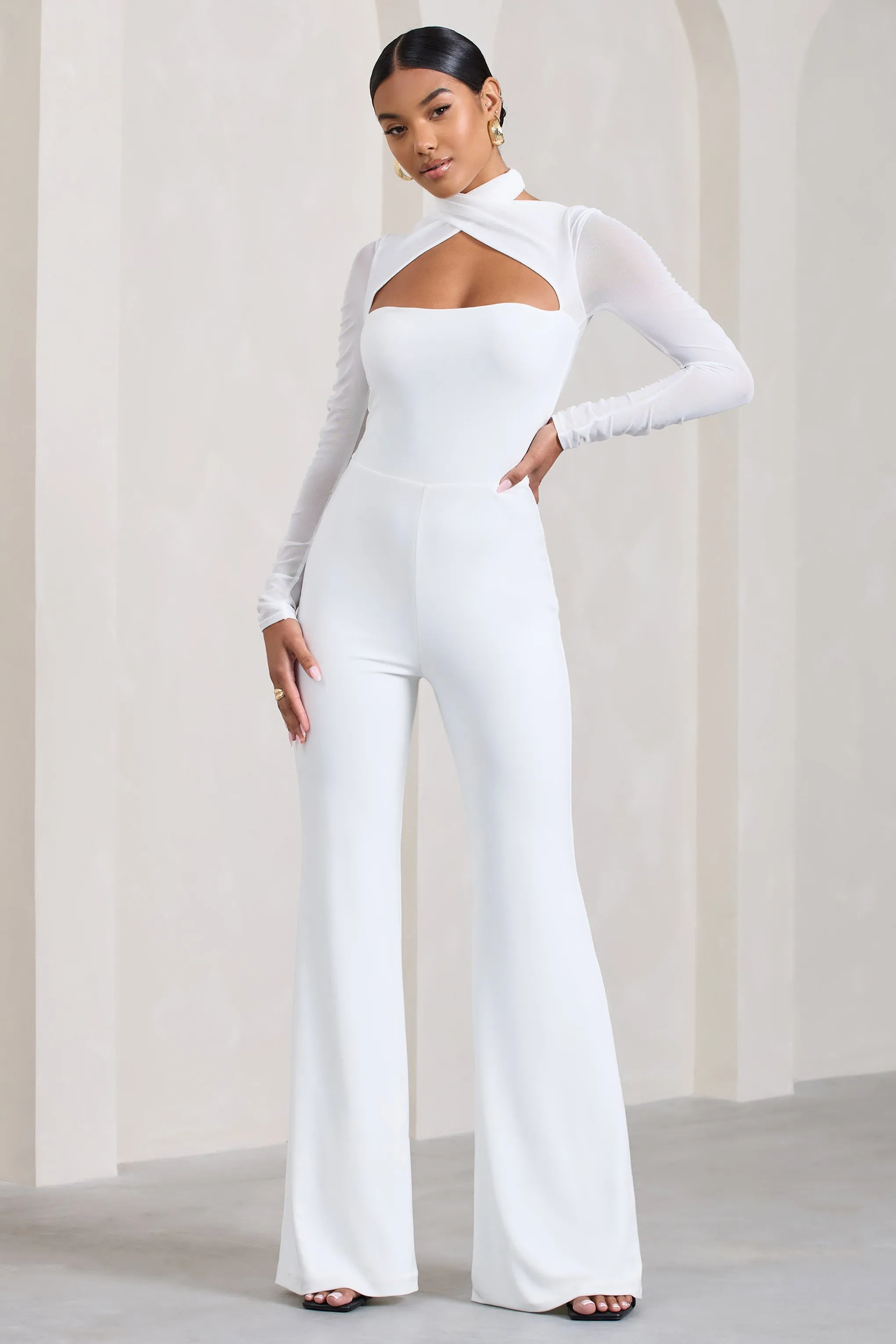 Fallon | White Flared-Leg Jumpsuit With Long Mesh Sleeves