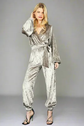 Faux Wrap Long Sleeve Jumpsuit With Diamante in Silver Velvet | Anya