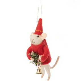 Felt Mouse with Red Coat and Bell Felt Ornament