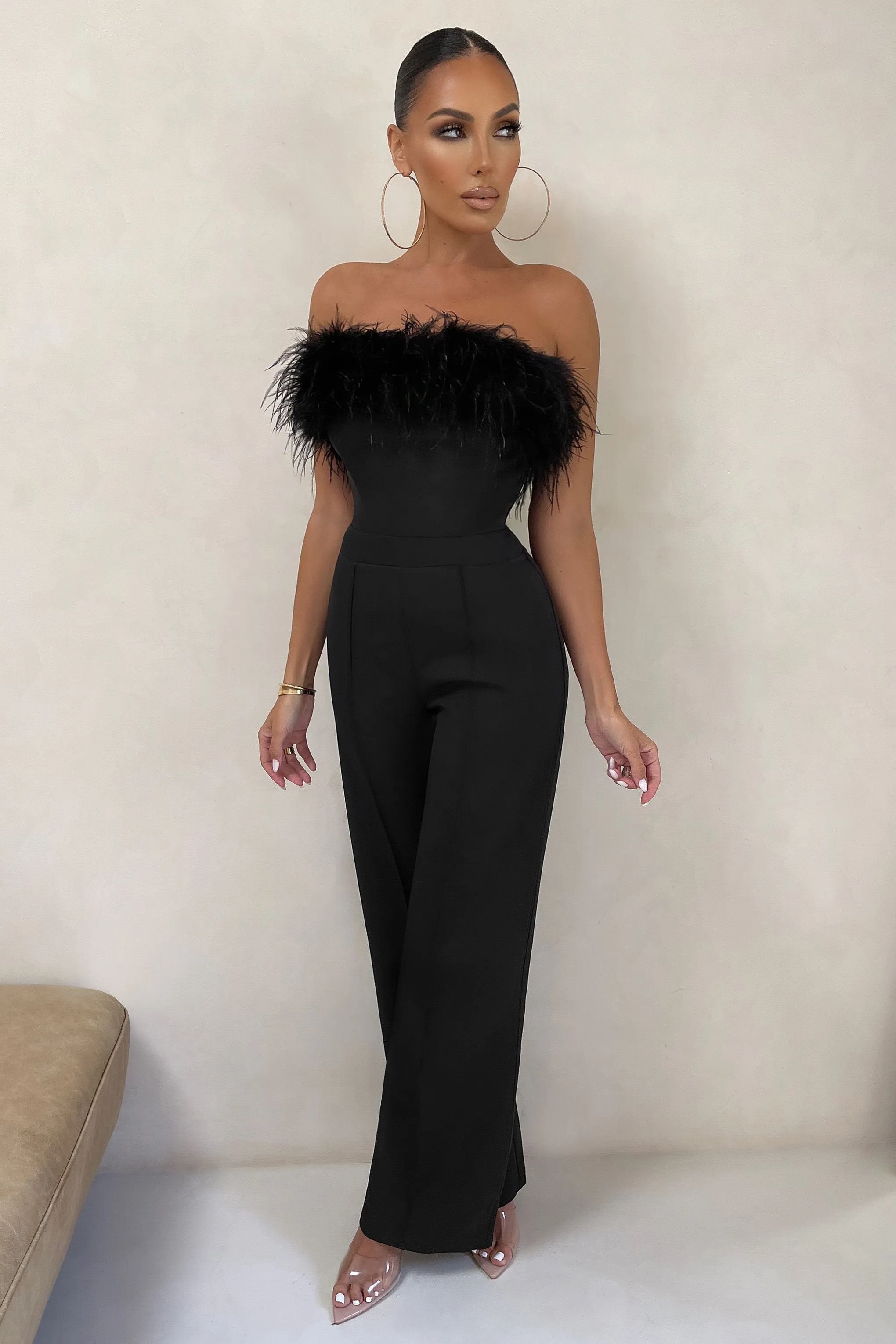 First Class | Petite Black Bandeau Feather Wide Leg jumpsuit