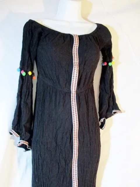 FOREVER 21 STRETCH Boho Pompom Tassel Boho S MAXI Dress BLACK Womens