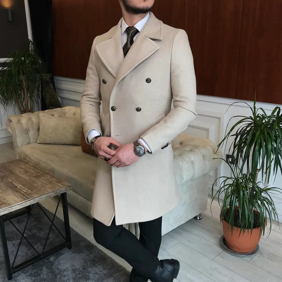 Frost Slim Fit Beige Double Breasted Wool Coat by ITALIAN VEGA®