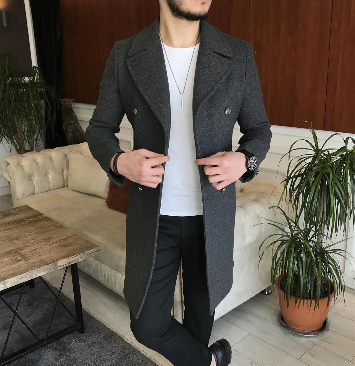 Frost Slim Fit Dark Grey Double Breasted Wool Coat by ITALIAN VEGA®