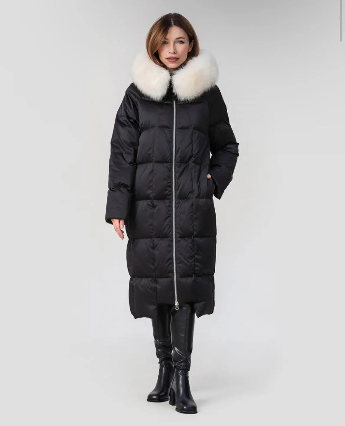 Genuine Polar Fox Fur Trim Down Insulated Coat