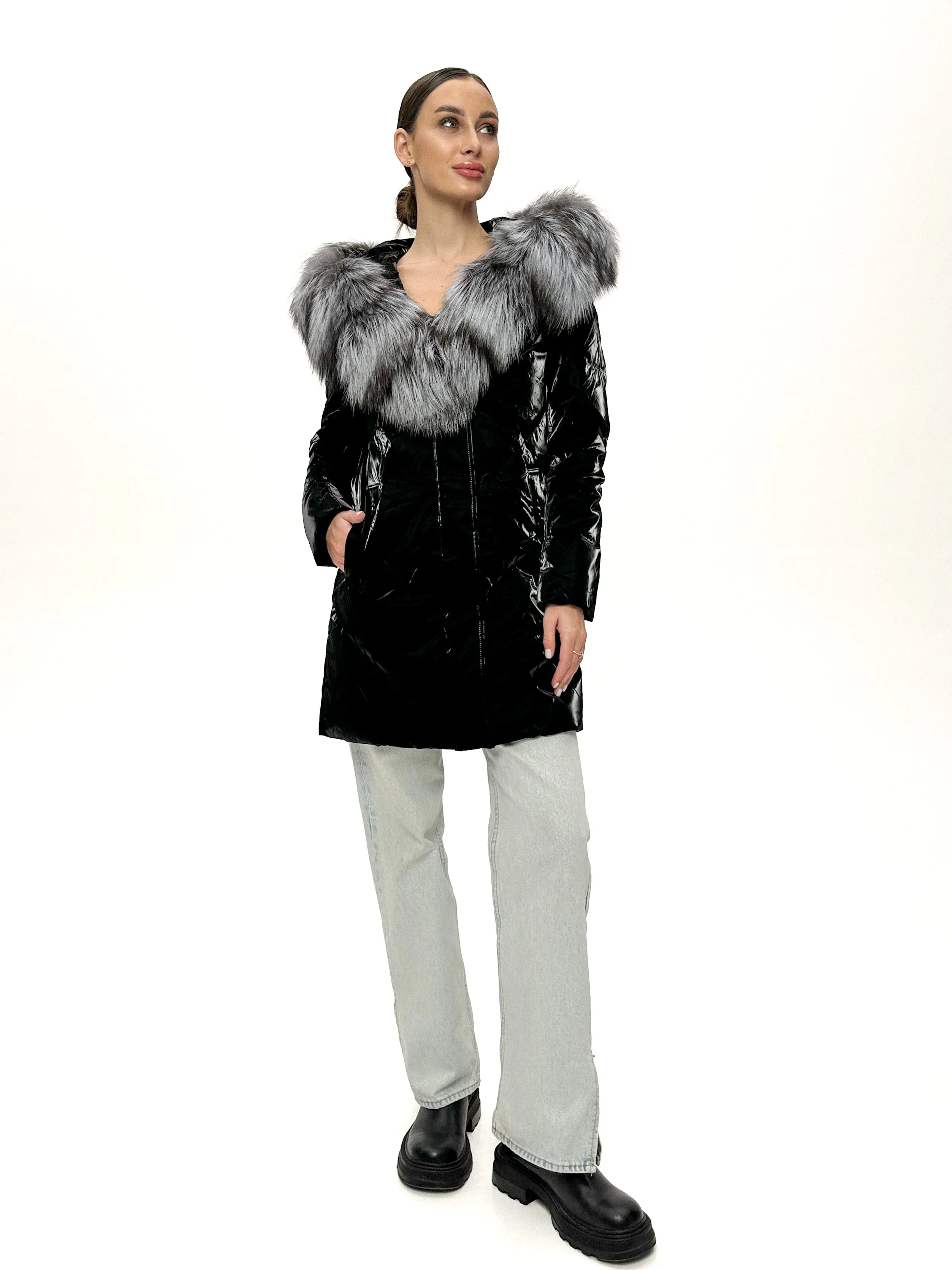 Genuine Silver Fox Fur Down Fill Coat