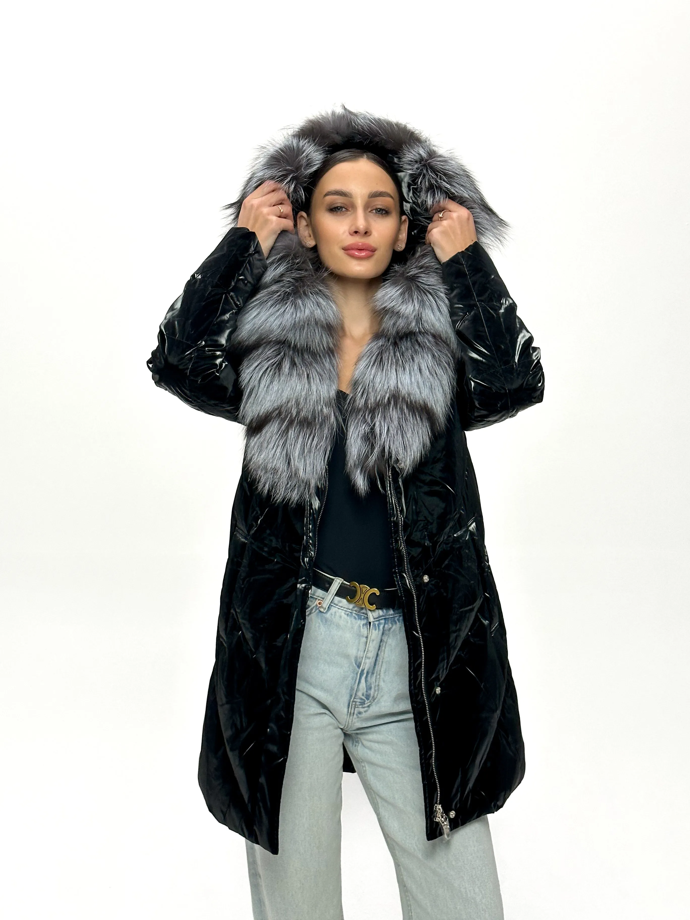 Genuine Silver Fox Fur Down Fill Coat