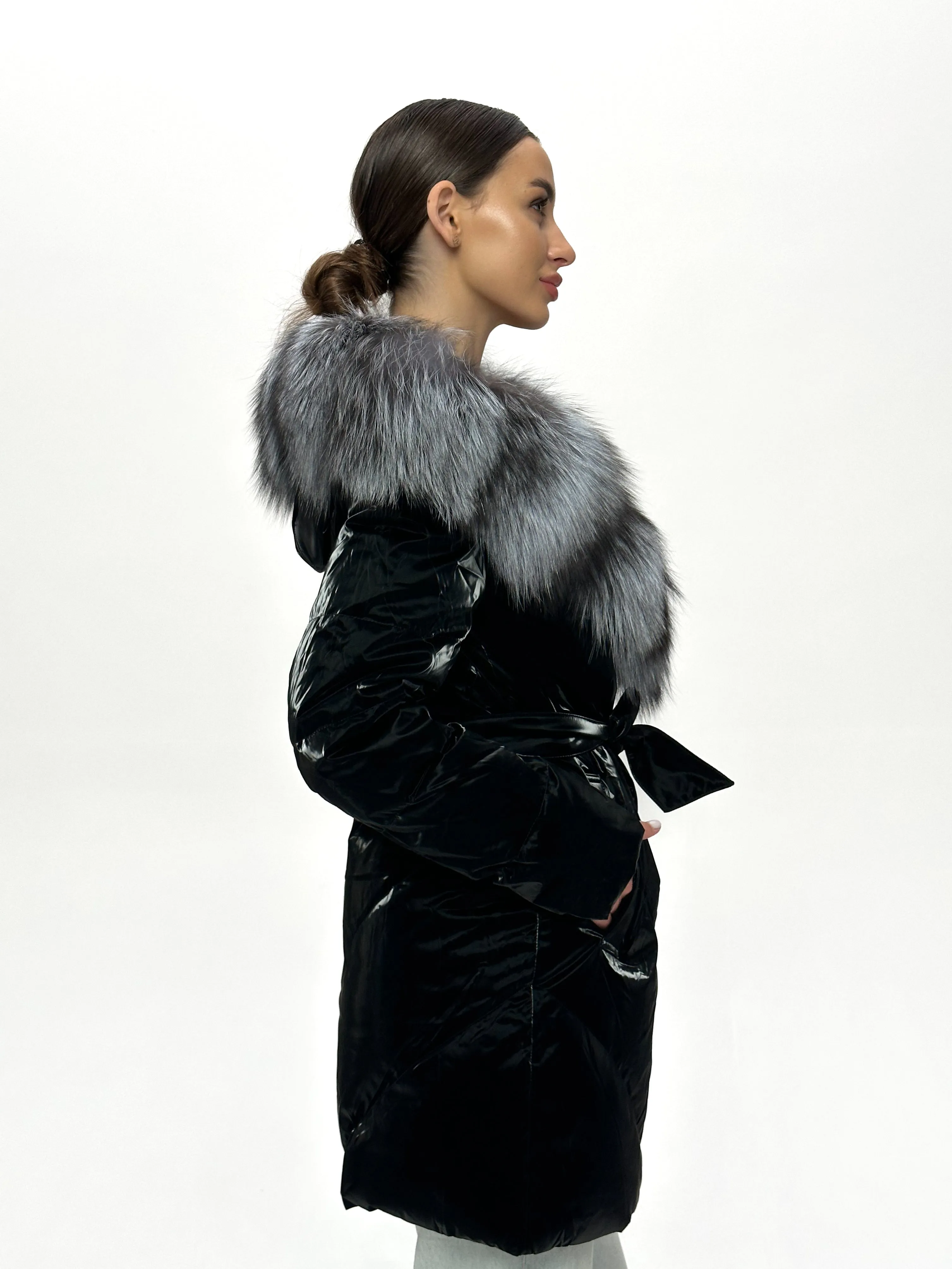 Genuine Silver Fox Fur Down Fill Coat