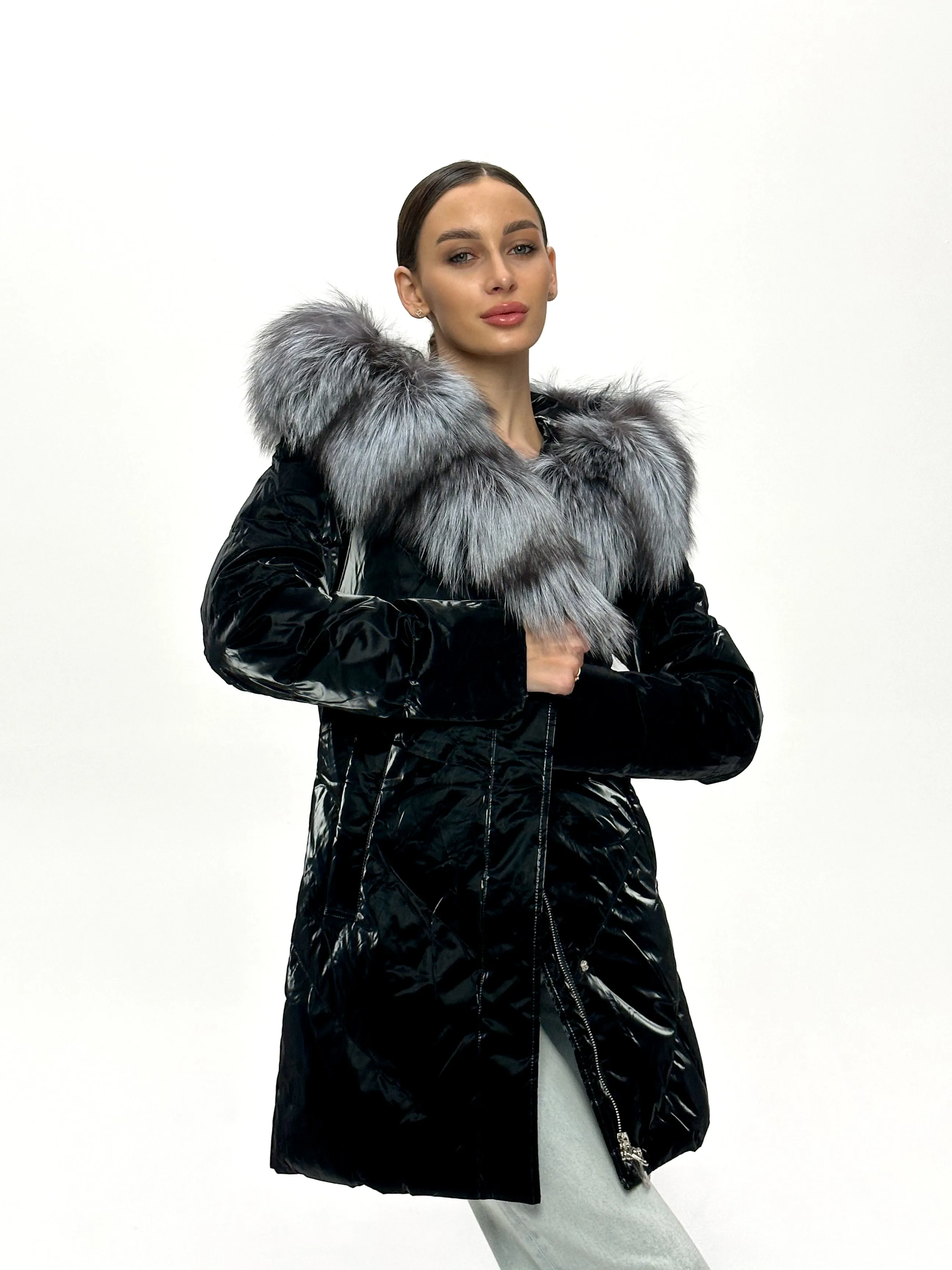 Genuine Silver Fox Fur Down Fill Coat