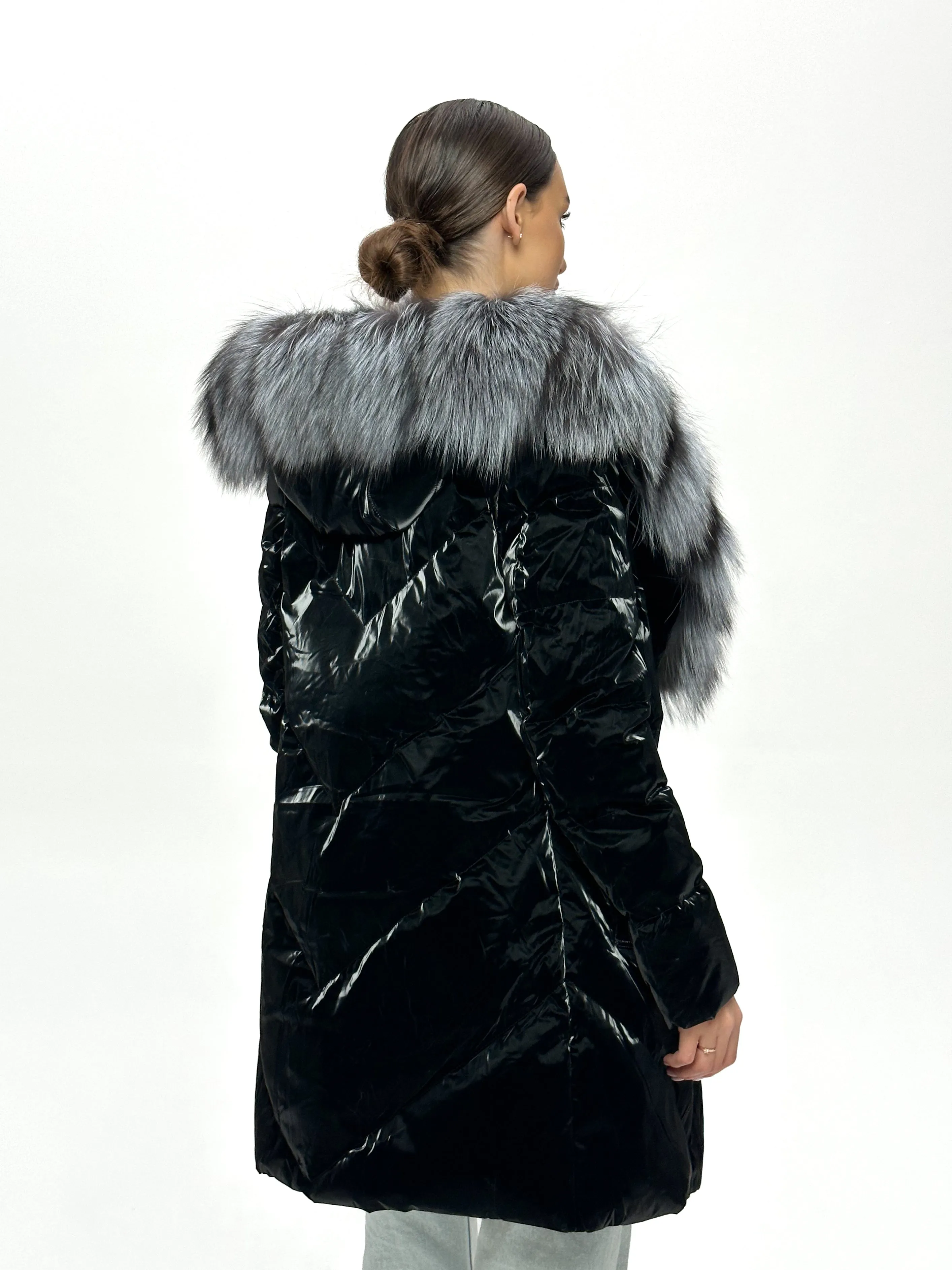 Genuine Silver Fox Fur Down Fill Coat