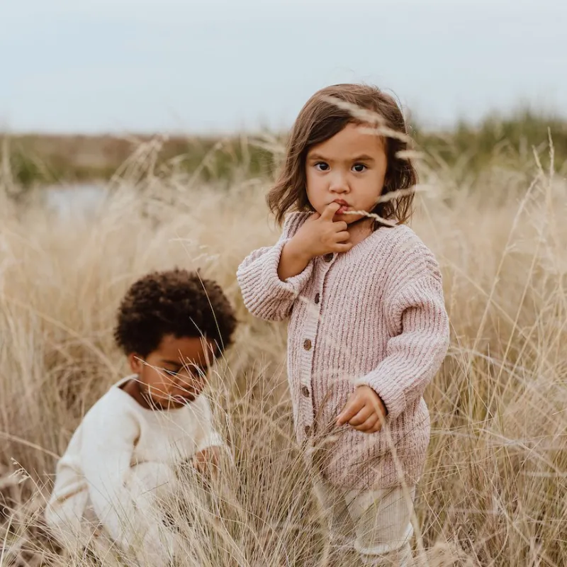 Grown Ribbed Slub Yarn Cardigan - Rose