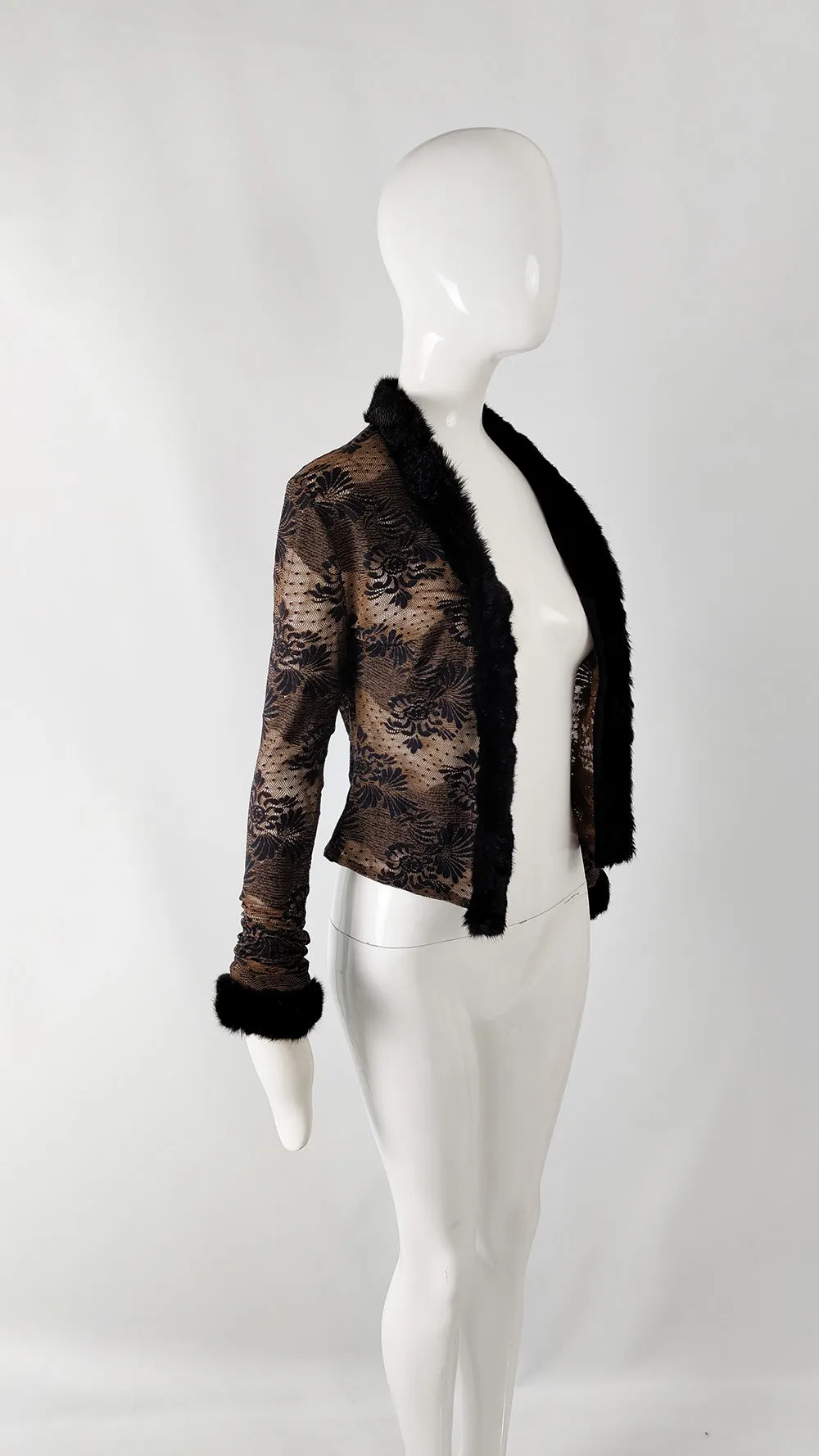 Ikito Vintage Brown Lace & Black Faux Fur Jacket, 1990s