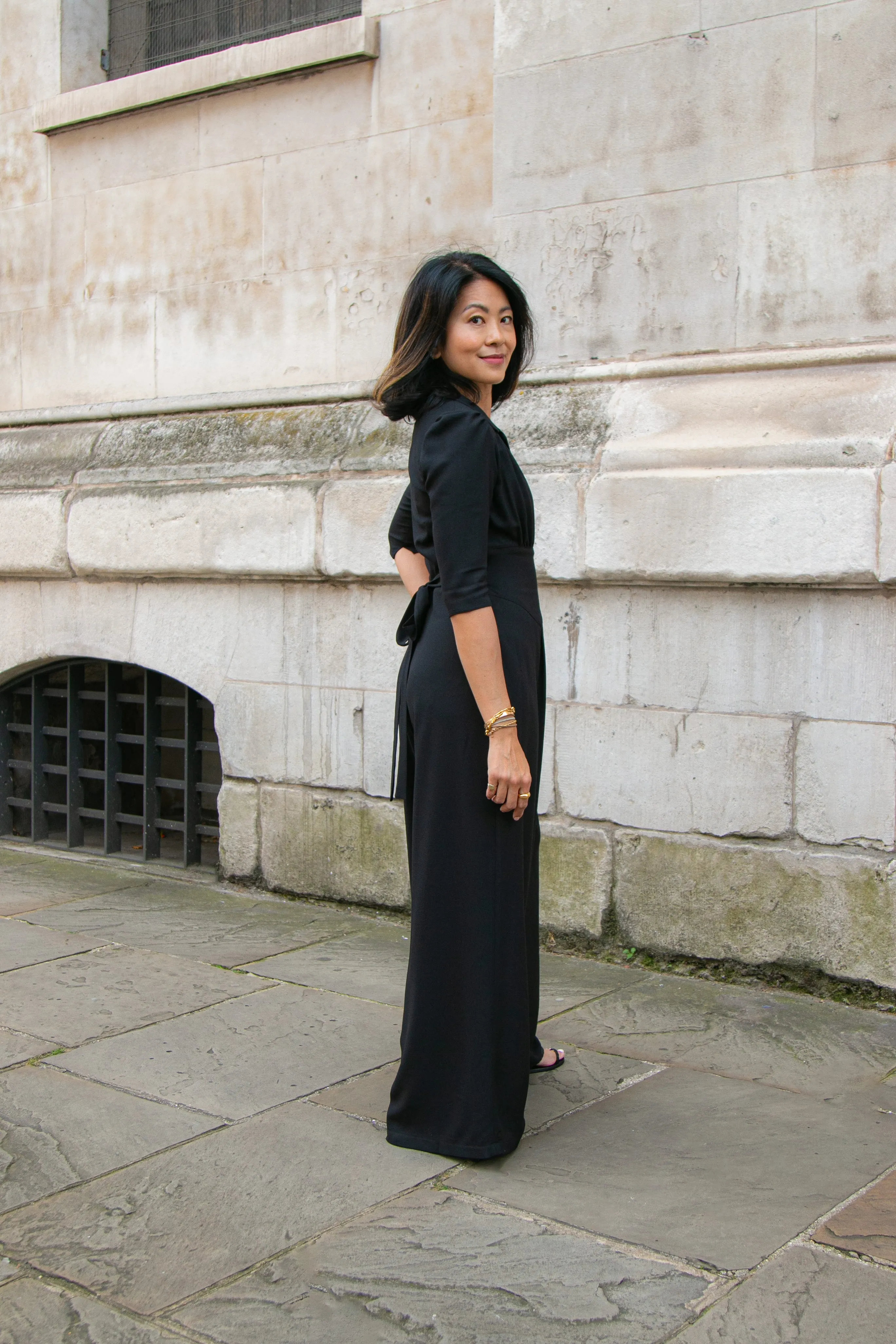 Jumpsuit in black soft crepe by Elaine Bernstein