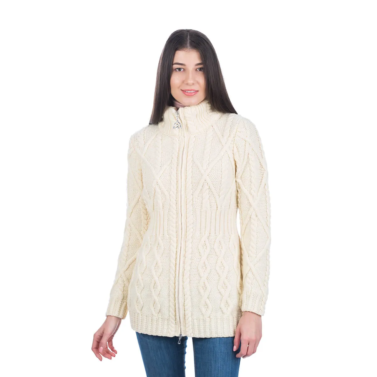 Ladies Merino Knit Irish Zip Aran Cardigan