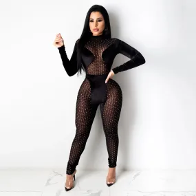 Long Sleeve Black Mesh Patchwork Velvet Overalls Jumpsuit