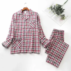 Long-sleeved Trousers And Brushed Plaid Pajama Set Lapel pajamas  Modal cotton pajamas male night wear