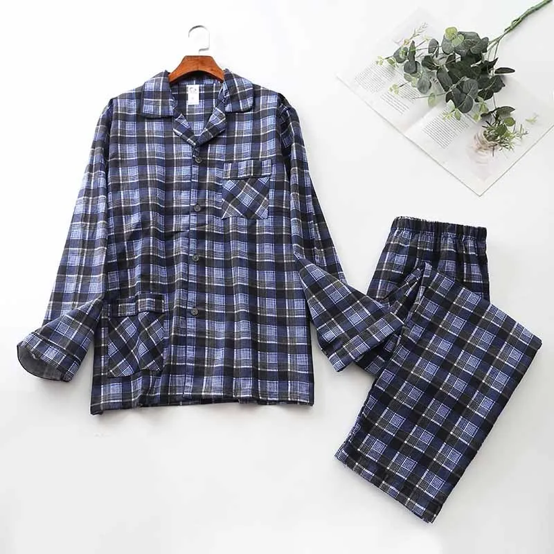 Long-sleeved Trousers And Brushed Plaid Pajama Set Lapel pajamas  Modal cotton pajamas male night wear