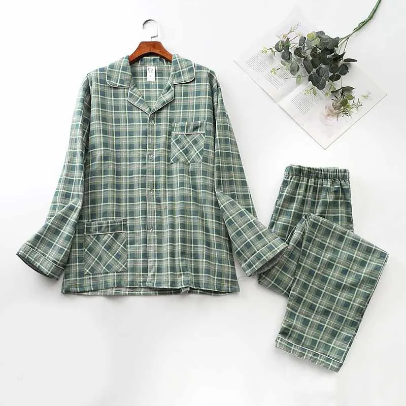 Long-sleeved Trousers And Brushed Plaid Pajama Set Lapel pajamas  Modal cotton pajamas male night wear