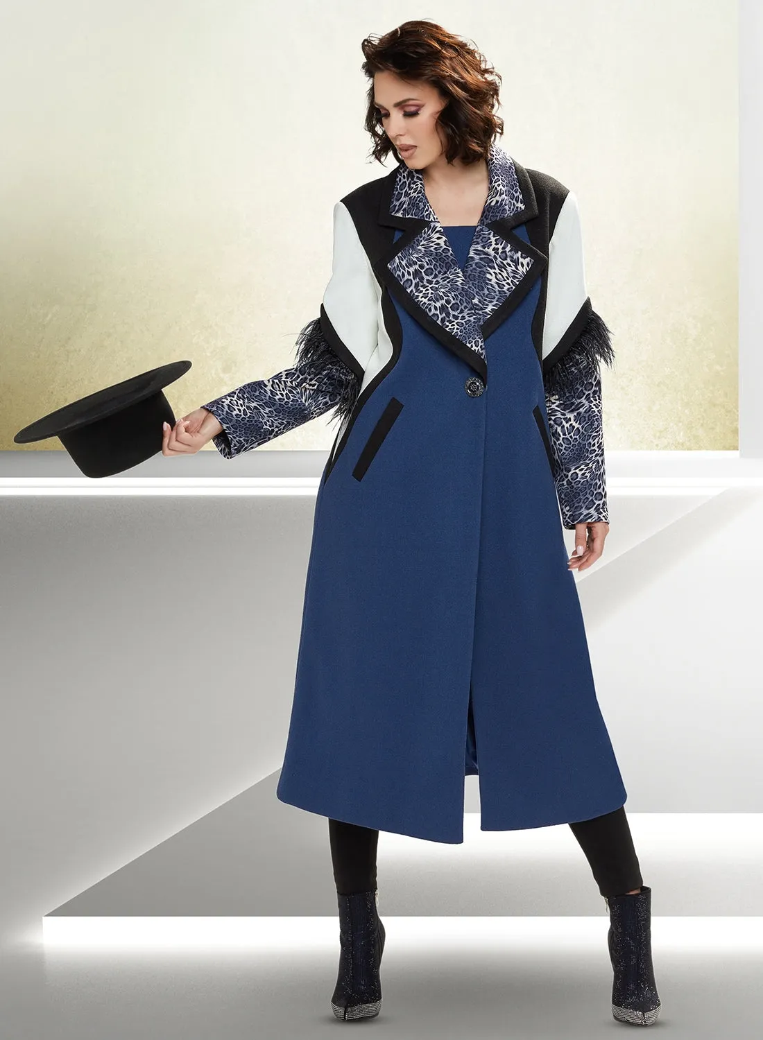 Love the Queen 17426 Animal Print Trim Two-tone Coat