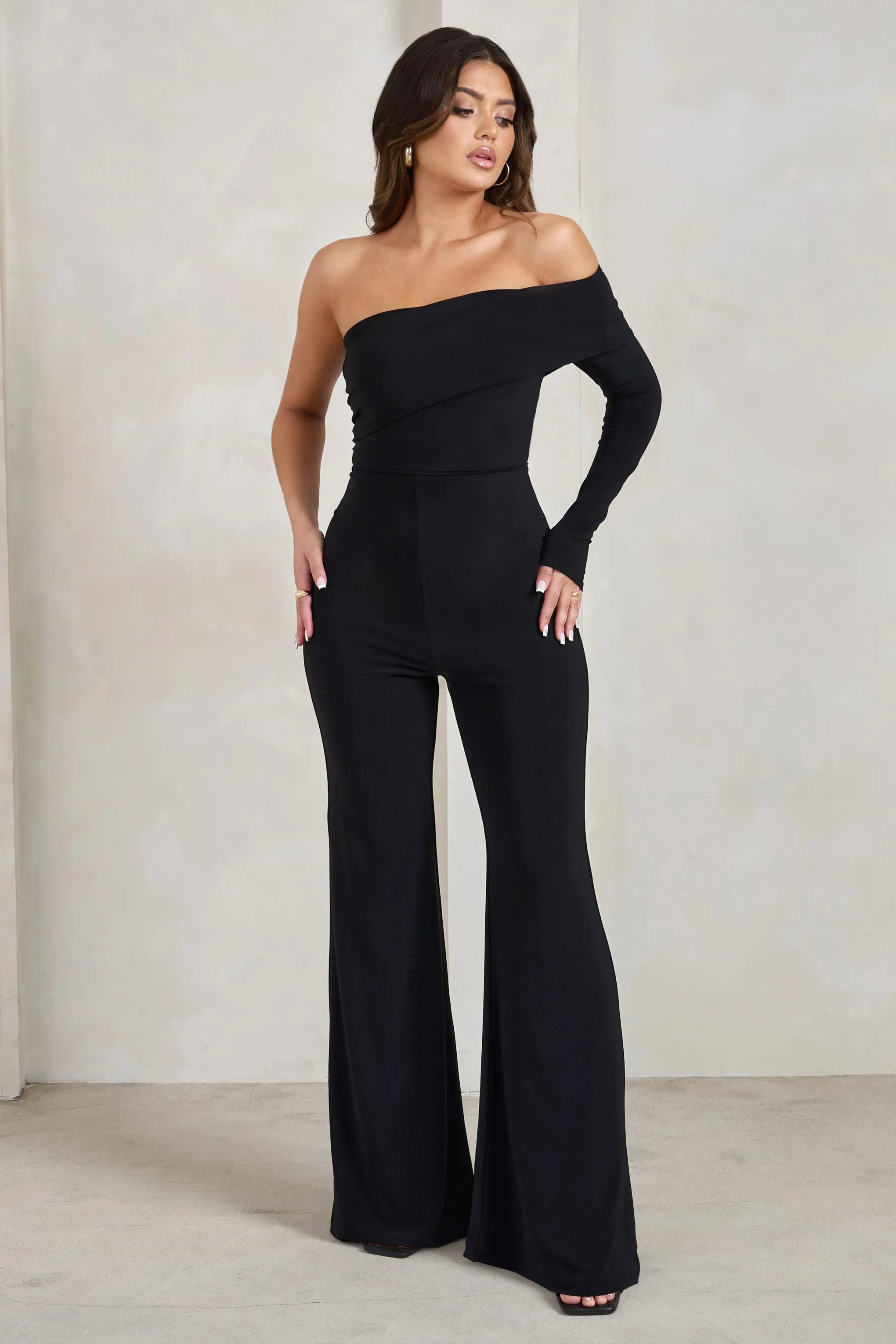 Margie | Black One Sleeve Bardot Jumpsuit