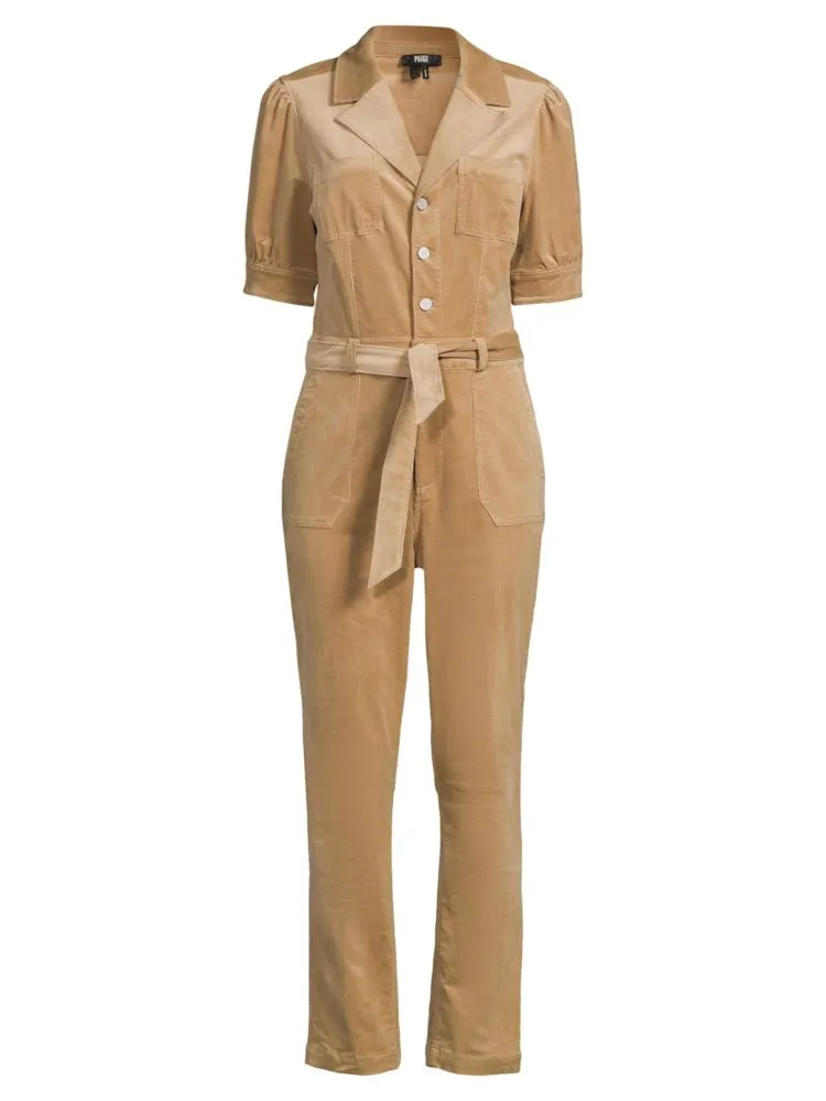 Mayslie Velvet Jumpsuit with Paige Belt, Tan