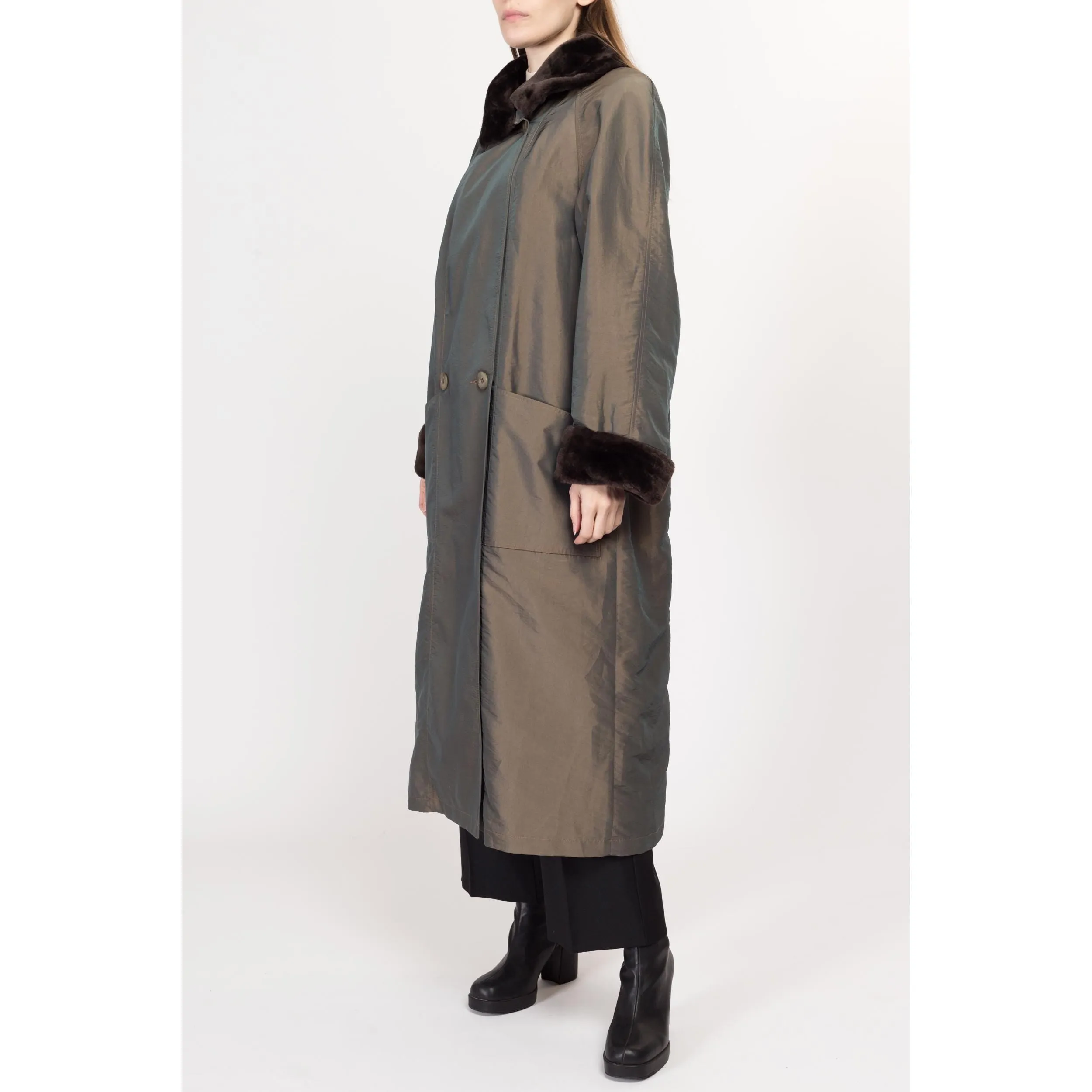 Medium 80s Shiny Olive Faux Fur Trim Trench Coat NWT