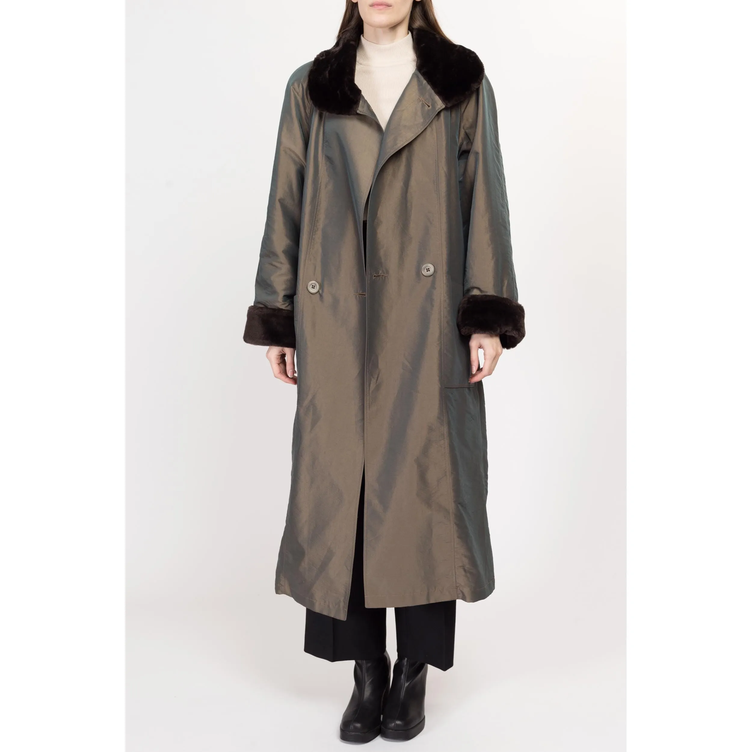 Medium 80s Shiny Olive Faux Fur Trim Trench Coat NWT