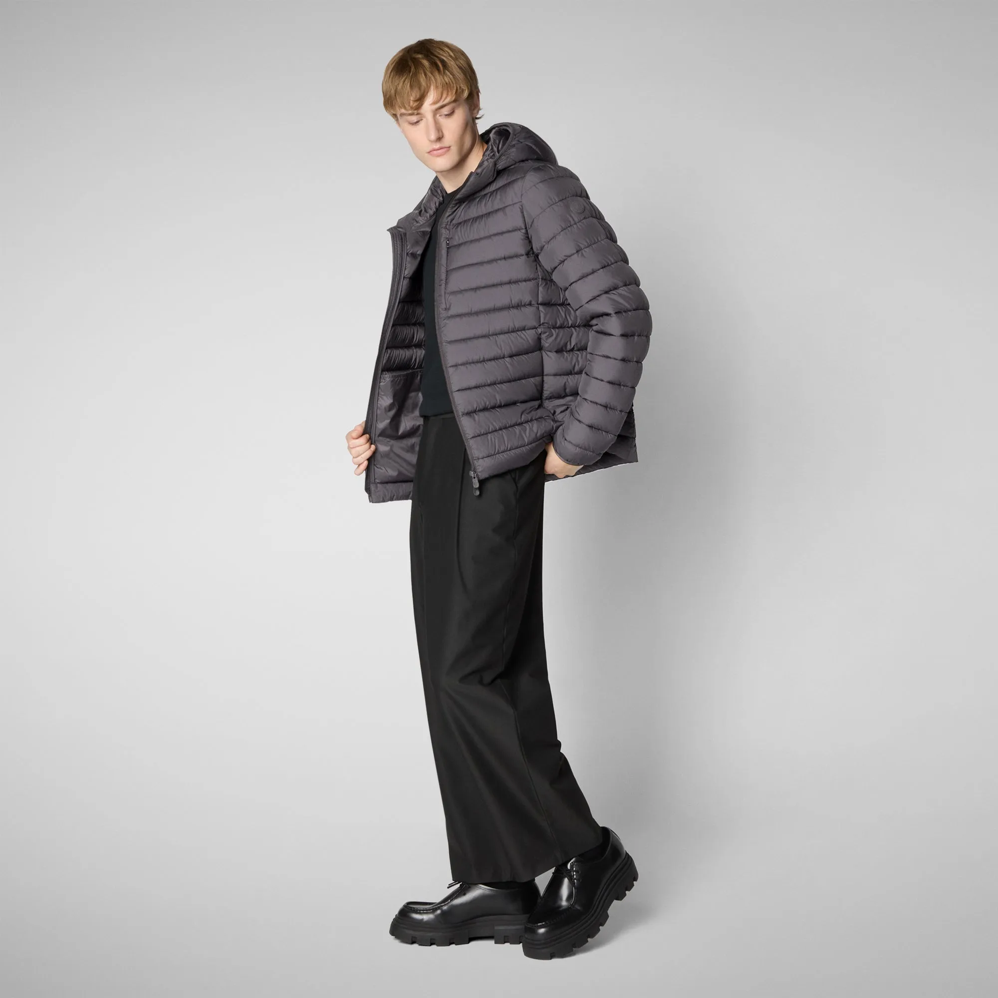 Men's  Hooded Animal free Puffer Jacket Juncus in Grey Black