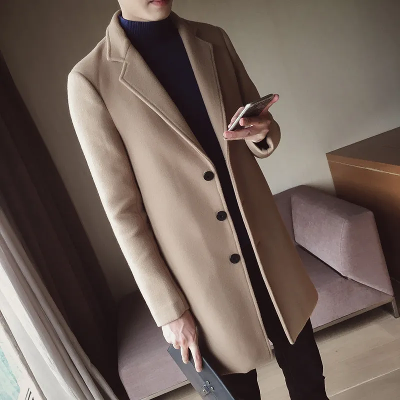 Men's mid-length trench coat Korean style slim woolen coat